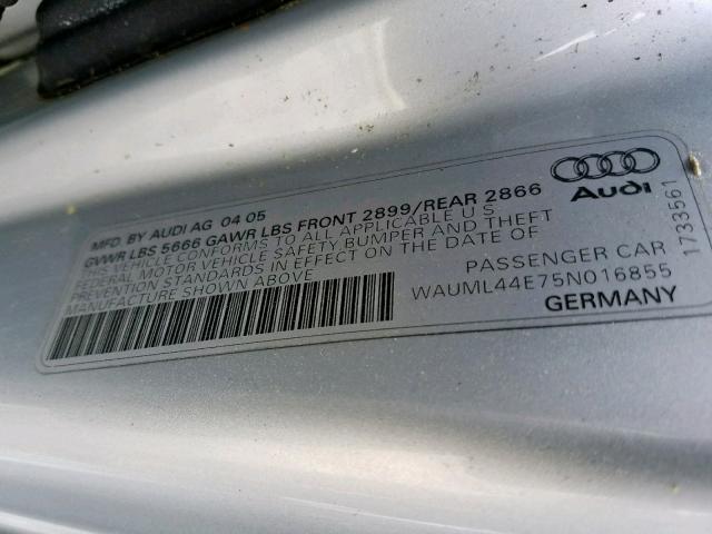 WAUML44E75N016855 - 2005 AUDI A8 L QUATT GRAY photo 10