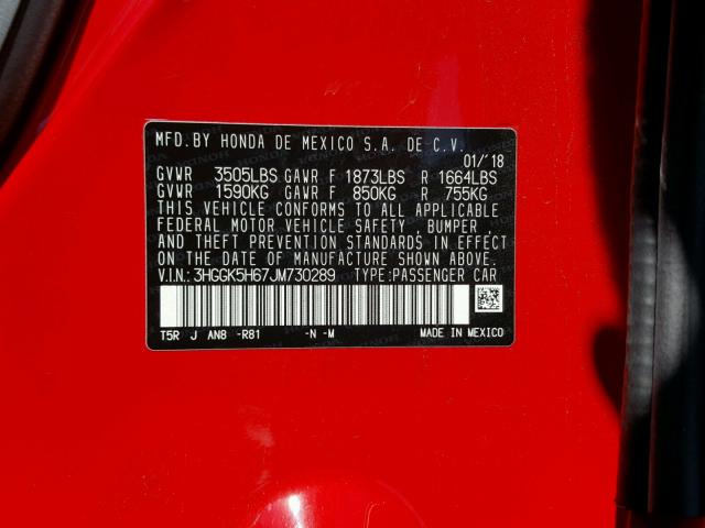 3HGGK5H67JM730289 - 2018 HONDA FIT SPORT RED photo 10