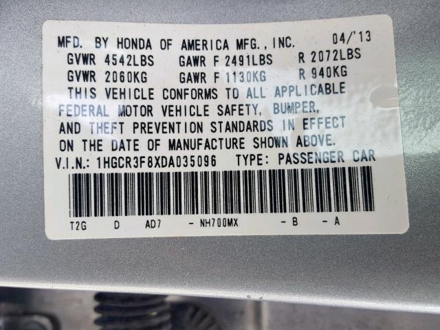 1HGCR3F8XDA035096 - 2013 HONDA ACCORD EXL SILVER photo 10