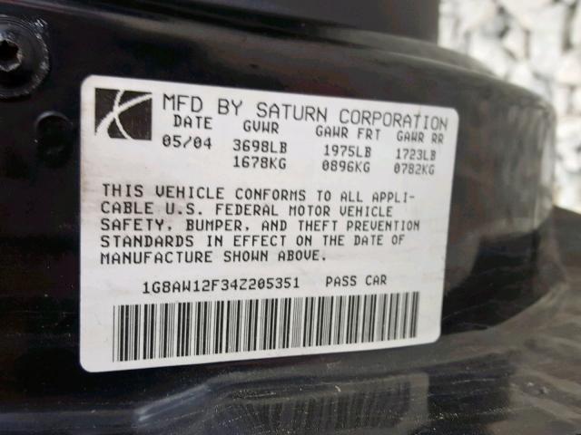 1G8AW12F34Z205351 - 2004 SATURN ION LEVEL BLACK photo 10