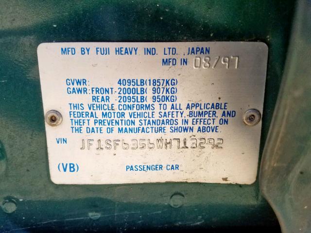 JF1SF6356WH713292 - 1998 SUBARU FORESTER L GREEN photo 10