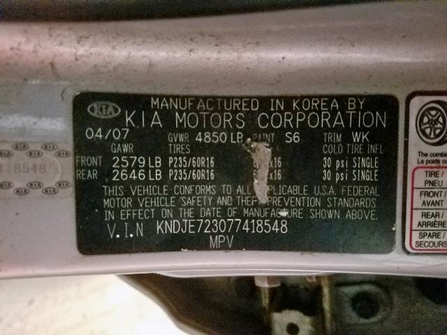 KNDJE723077418548 - 2007 KIA SPORTAGE E SILVER photo 10