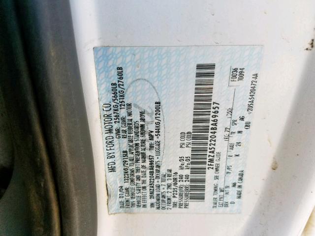 2FMZA52204BA69657 - 2004 FORD FREESTAR S WHITE photo 10