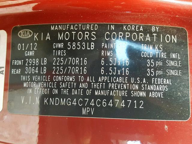 KNDMG4C74C6474712 - 2012 KIA SEDONA LX RED photo 10