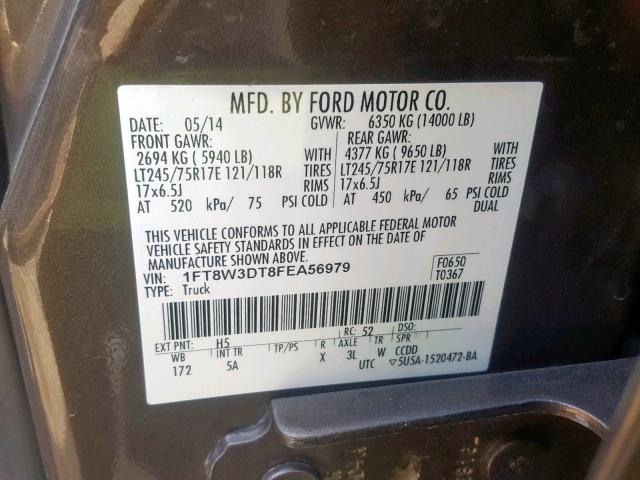 1FT8W3DT8FEA56979 - 2015 FORD F350 SUPER BROWN photo 10