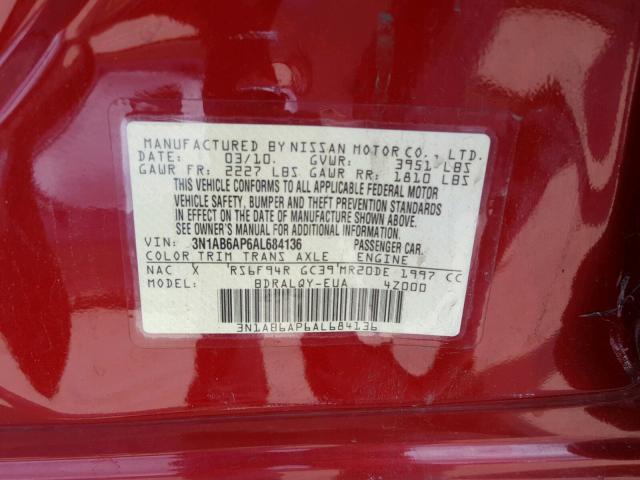 3N1AB6AP6AL684136 - 2010 NISSAN SENTRA 2.0 BURGUNDY photo 10