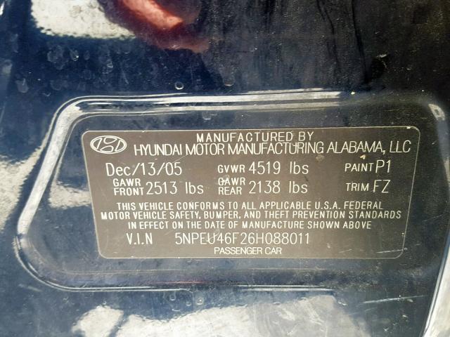 5NPEU46F26H088011 - 2006 HYUNDAI SONATA GLS BLUE photo 10