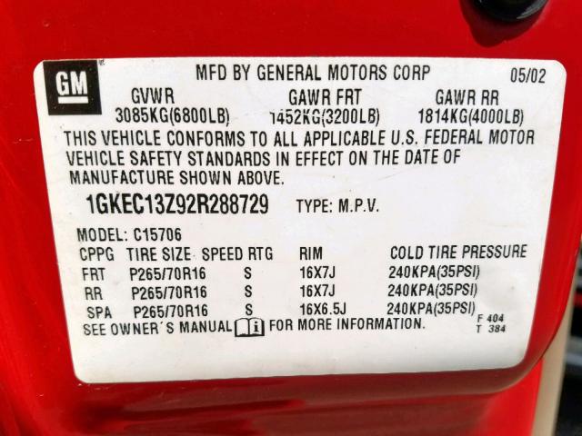 1GKEC13Z92R288729 - 2002 GMC YUKON RED photo 10