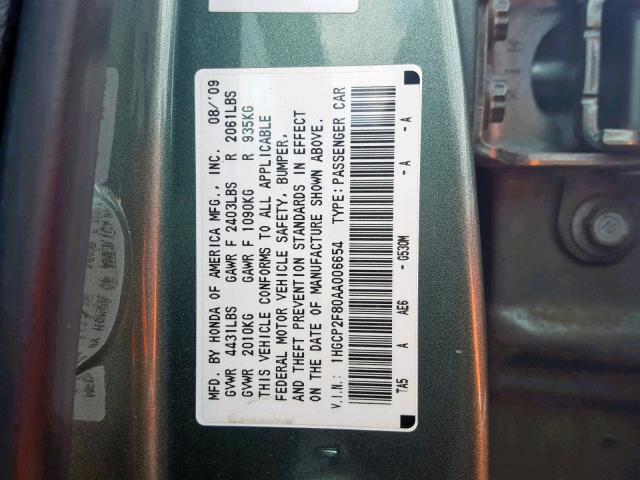 1HGCP2F80AA006654 - 2010 HONDA ACCORD EXL GREEN photo 10