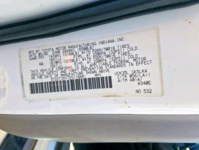 5TDZT38A72S116681 - 2002 TOYOTA SEQUOIA LI WHITE photo 10