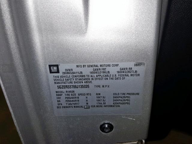 5GZER33788J135026 - 2008 SATURN OUTLOOK XR ვერცხლისფერი ფოტო 10