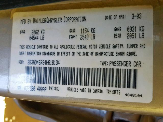 2B3HD46R94H618134 - 2004 DODGE INTREPID S 金色 照片 10