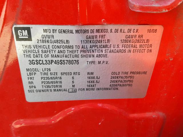 3GSCL33P49S578076 - 2009 SATURN VUE XE RED photo 10