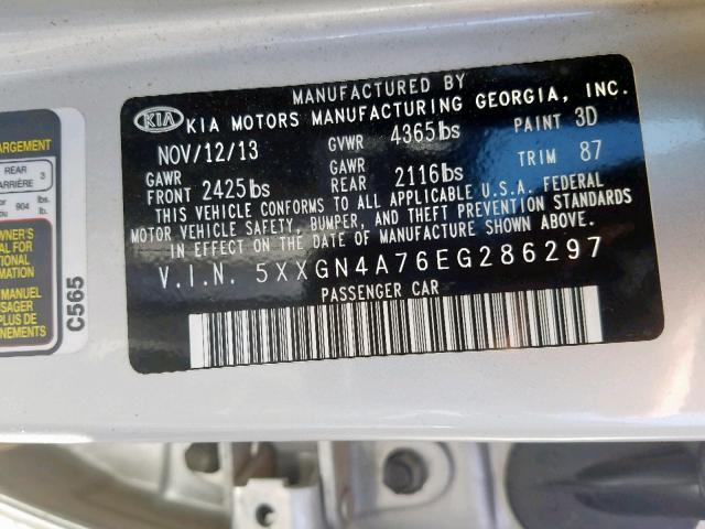 5XXGN4A76EG286297 - 2014 KIA OPTIMA EX SILVER photo 10