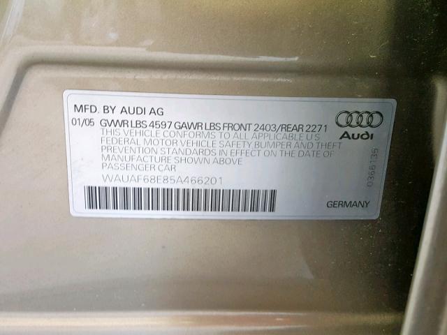 WAUAF68E85A466201 - 2005 AUDI A4 2.0T GOLD photo 10