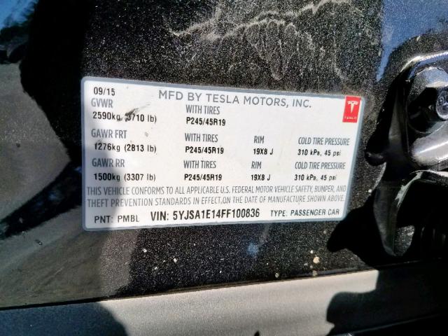 5YJSA1E14FF100836 - 2015 TESLA MODEL S أسود صورة 10