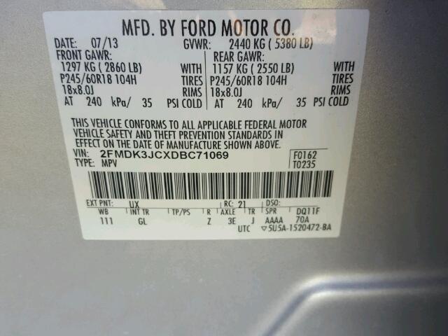 2FMDK3JCXDBC71069 - 2013 FORD EDGE SEL SILVER photo 10