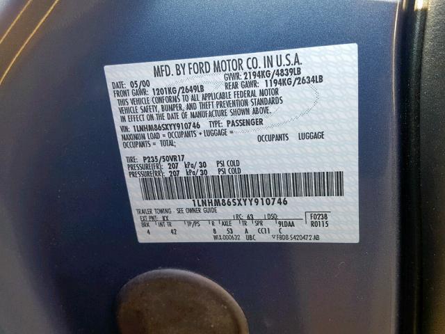 1LNHM86SXYY910746 - 2000 LINCOLN LS 蓝色 照片 10