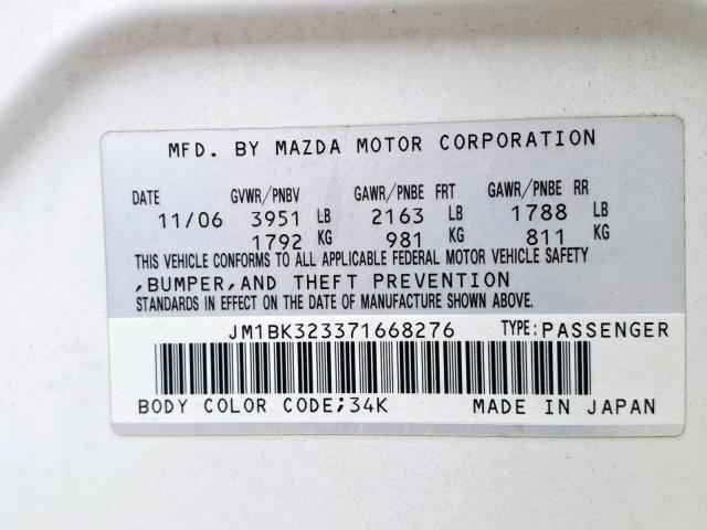 JM1BK323371668276 - 2007 MAZDA 3 S WHITE photo 10