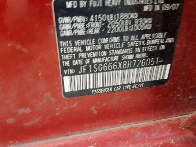 JF1SG666X8H726051 - 2008 SUBARU FORESTER S RED photo 10