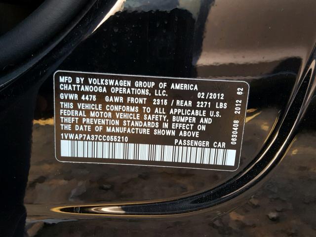 1VWAP7A37CC055210 - 2012 VOLKSWAGEN PASSAT S BLACK photo 10