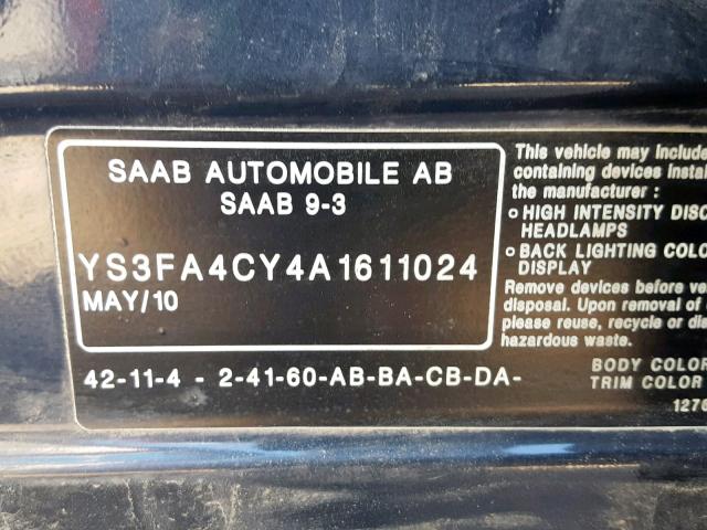 YS3FA4CY4A1611024 - 2010 SAAB 9-3 2.0T BLUE photo 10