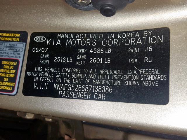 KNAFG526687138386 - 2008 KIA RONDO LX GOLD photo 10