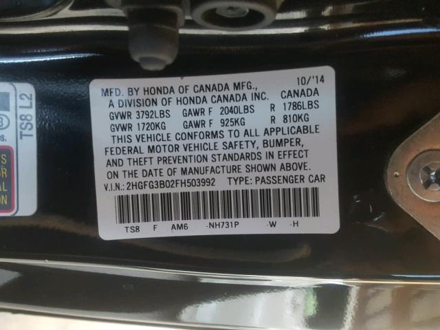 2HGFG3B02FH503992 - 2015 HONDA CIVIC EXL 黑色 照片 10