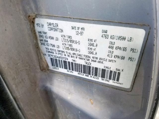 3B7MC36D4WM237374 - 1998 DODGE RAM 3500 GRAY photo 10