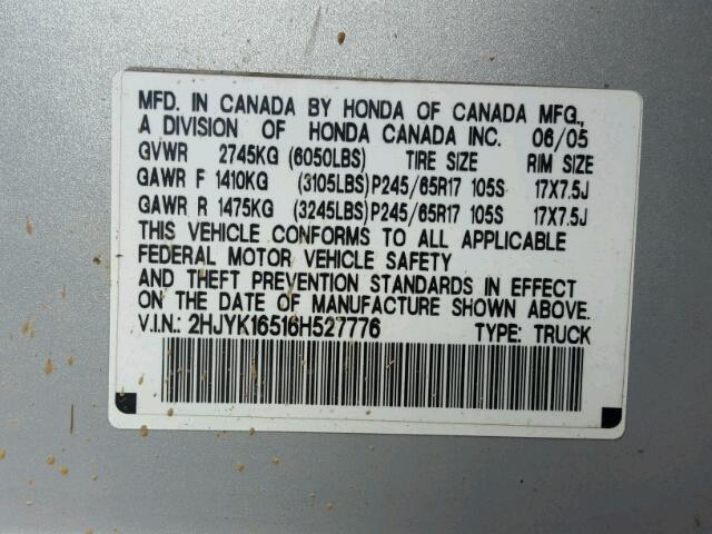 2HJYK16516H527776 - 2006 HONDA RIDGELINE SILVER photo 10