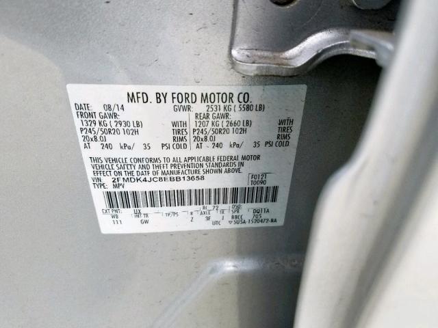 2FMDK4JC8EBB13658 - 2014 FORD EDGE SEL SILVER photo 10