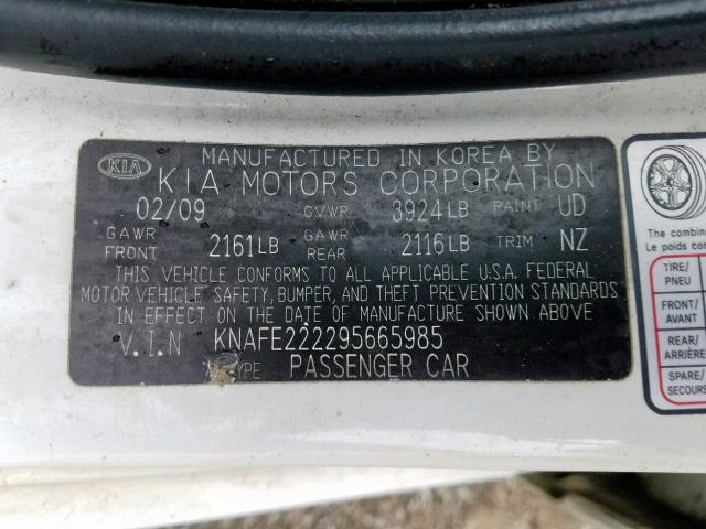 KNAFE222295665985 - 2009 KIA SPECTRA EX WHITE photo 10