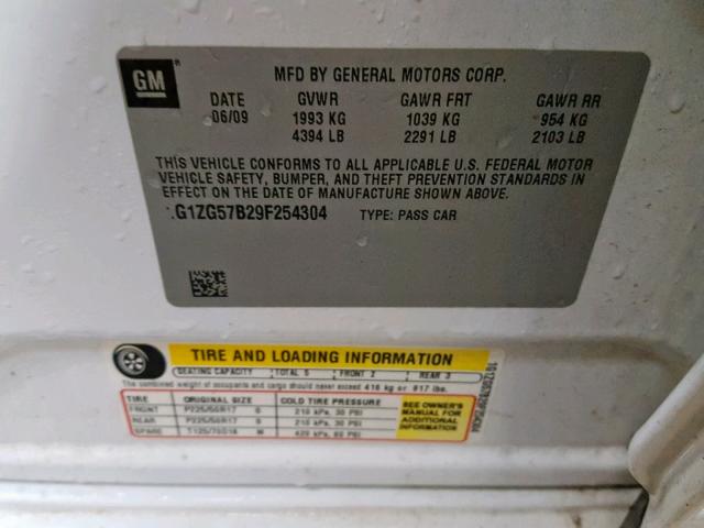 1G1ZG57B29F254304 - 2009 CHEVROLET MALIBU LS თეთრი ფოტო 10