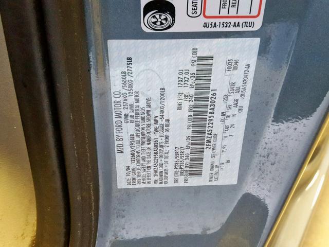 2FMZA52295BA30261 - 2005 FORD FREESTAR S BLUE photo 10