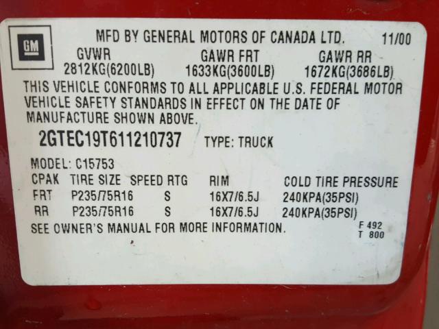 2GTEC19T611210737 - 2001 GMC NEW SIERRA RED photo 10