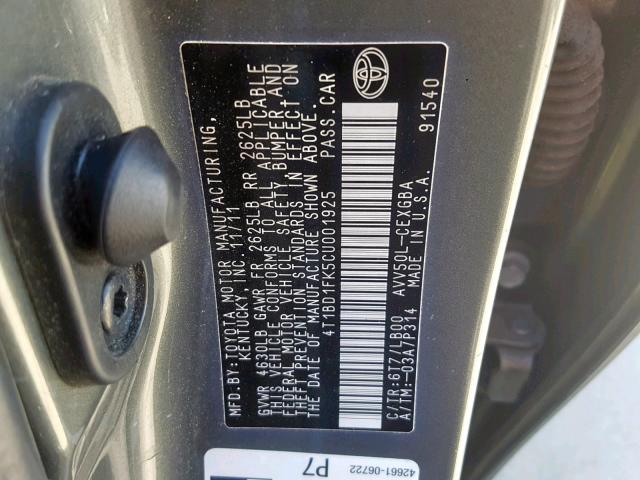 4T1BD1FK5CU001925 - 2012 TOYOTA CAMRY HYBR GRAY photo 10