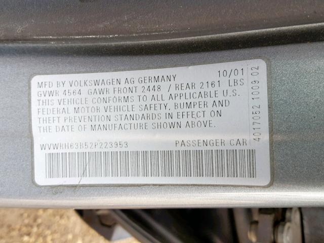 WVWRH63B52P223953 - 2002 VOLKSWAGEN PASSAT GLX Boz foto 10
