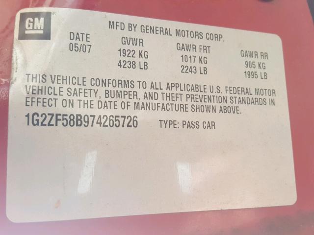 1G2ZF58B974265726 - 2007 PONTIAC G6 VALUE L RED photo 10