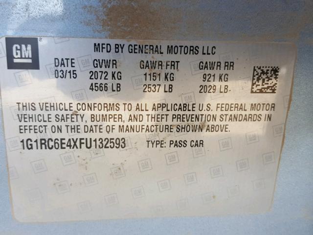 1G1RC6E4XFU132593 - 2015 CHEVROLET VOLT BLUE photo 10