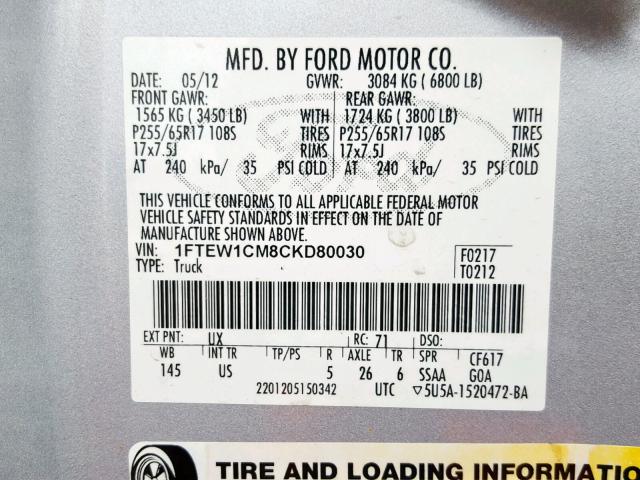 1FTEW1CM8CKD80030 - 2012 FORD F150 SUPER SILVER photo 10