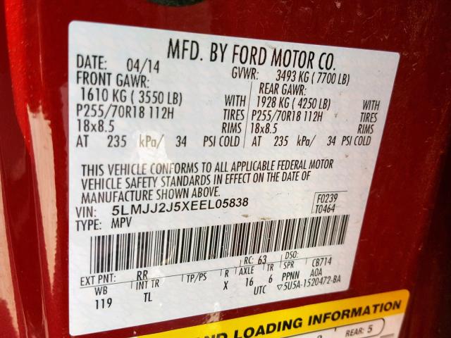 5LMJJ2J5XEEL05838 - 2014 LINCOLN NAVIGATOR წითელი ფოტო 10