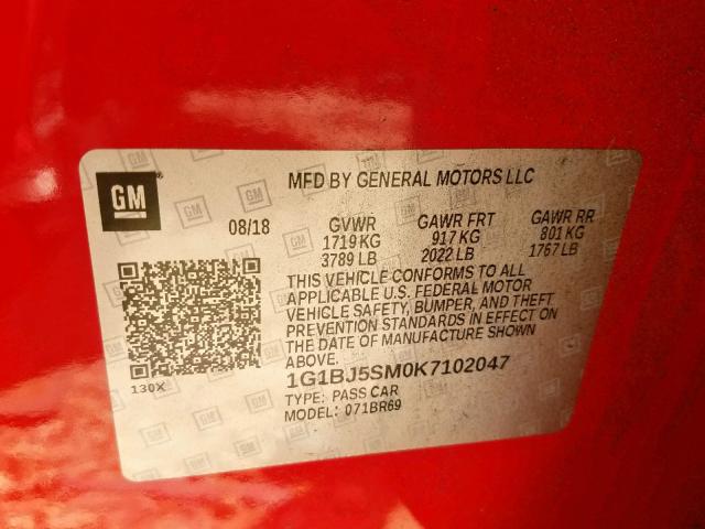 1G1BJ5SM0K7102047 - 2019 CHEVROLET CRUZE RED photo 10