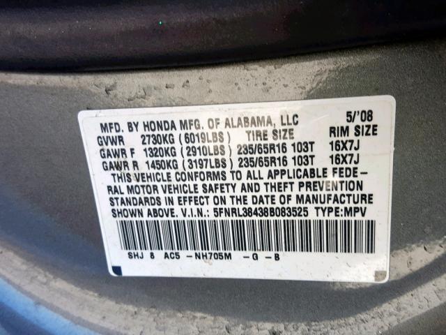 5FNRL38438B083525 - 2008 HONDA ODYSSEY EX GRAY photo 10