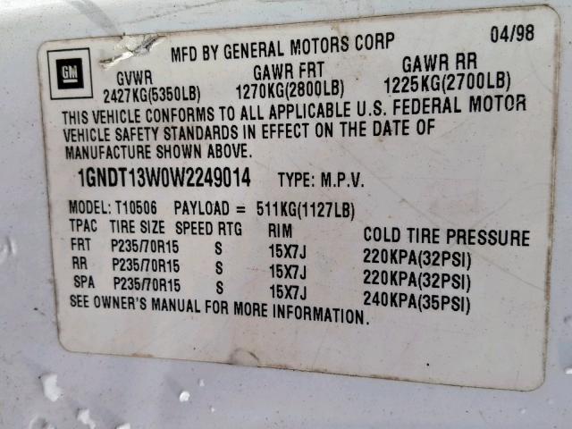 1GNDT13W0W2249014 - 1998 CHEVROLET BLAZER WHITE photo 10