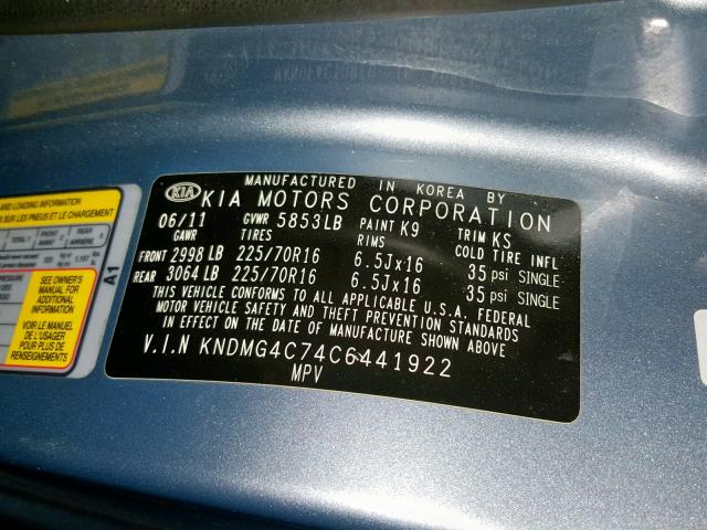 KNDMG4C74C6441922 - 2012 KIA SEDONA LX BLUE photo 10