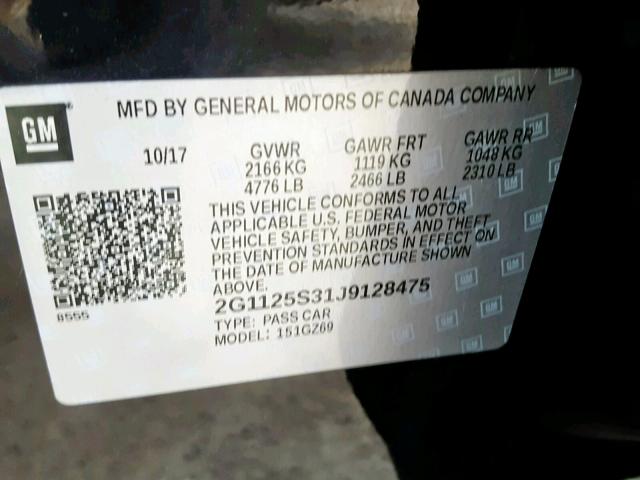 2G1125S31J9128475 - 2018 CHEVROLET IMPALA PRE BLACK photo 10