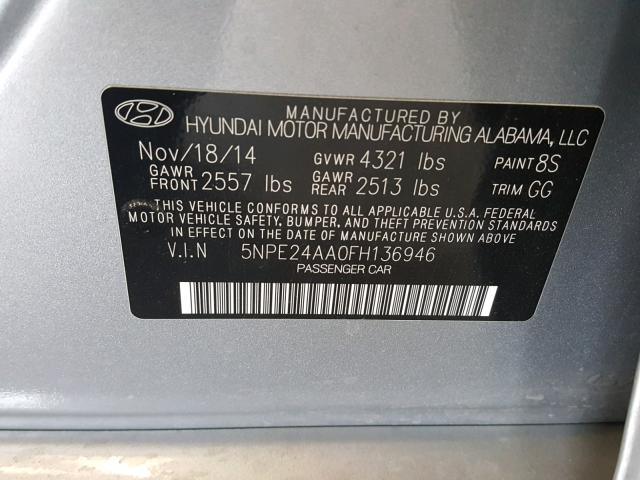 5NPE24AA0FH136946 - 2015 HYUNDAI SONATA ECO GRAY photo 10