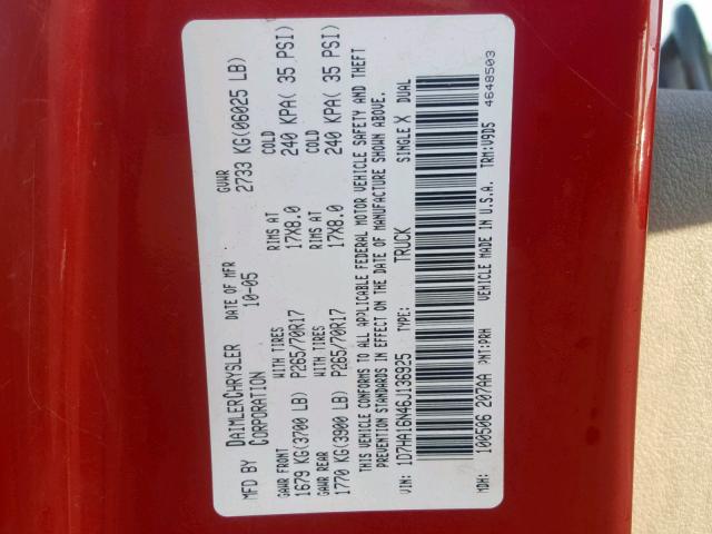 1D7HA16N46J136925 - 2006 DODGE RAM 1500 S RED photo 10