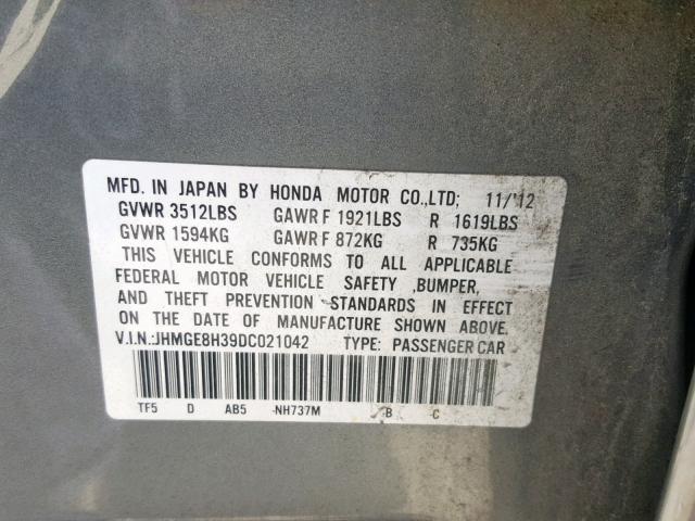 JHMGE8H39DC021042 - 2013 HONDA FIT GRAY photo 10