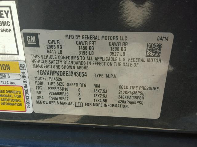 1GKKRPKD8EJ343054 - 2014 GMC ACADIA SLE CHARCOAL photo 10